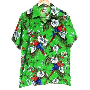 YMLA Hawaiian Beach Mens Shirt Large Bird Parrot Floral Vaca Cruise Button Up